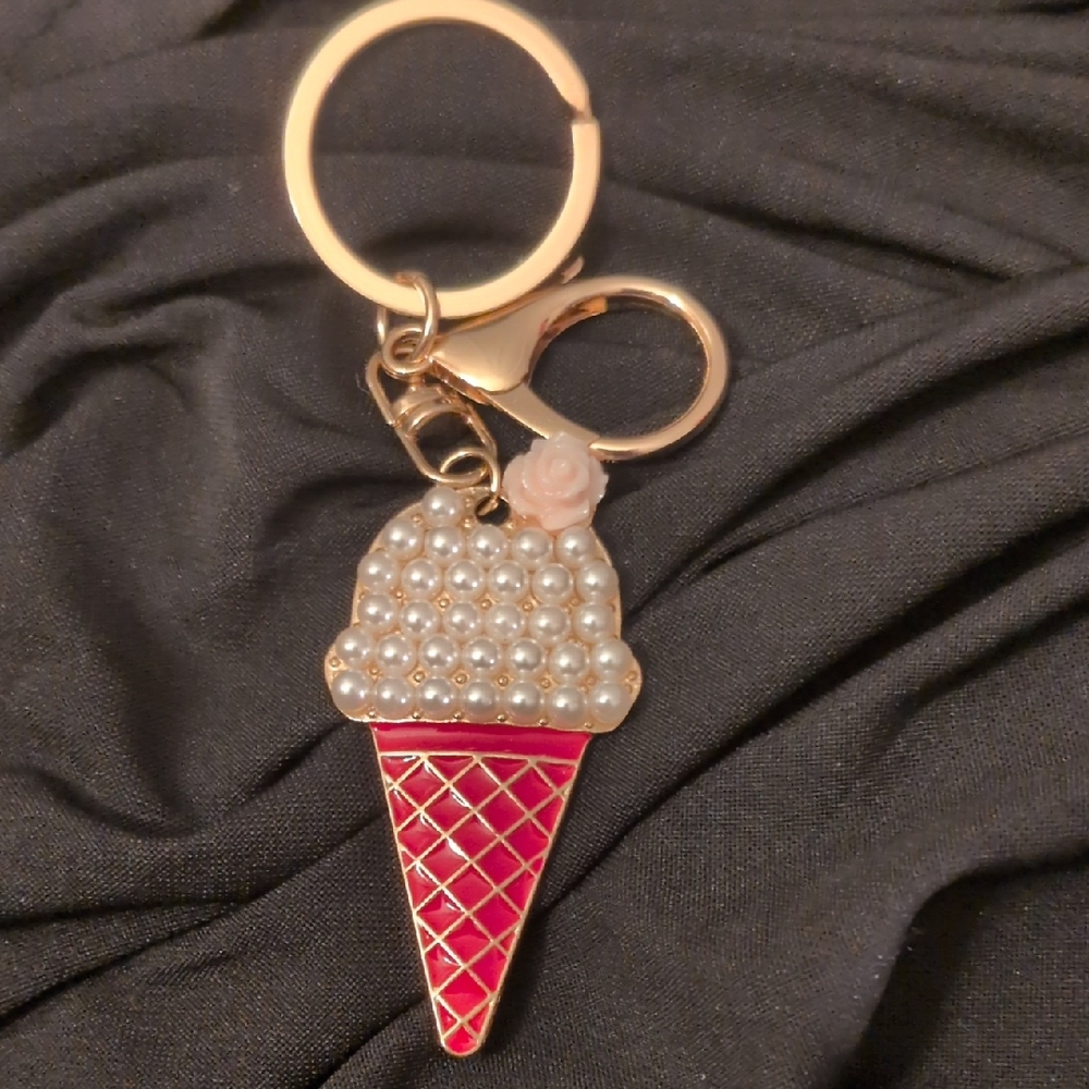 Ice Cream Cone Keychain with Pearls and Pink Enamel
